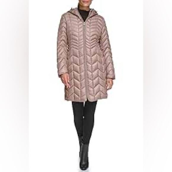 NWOT Kenneth Cole Women's size M Hooded Long Winter Bronze Puffer Jacket - Picture 1 of 13